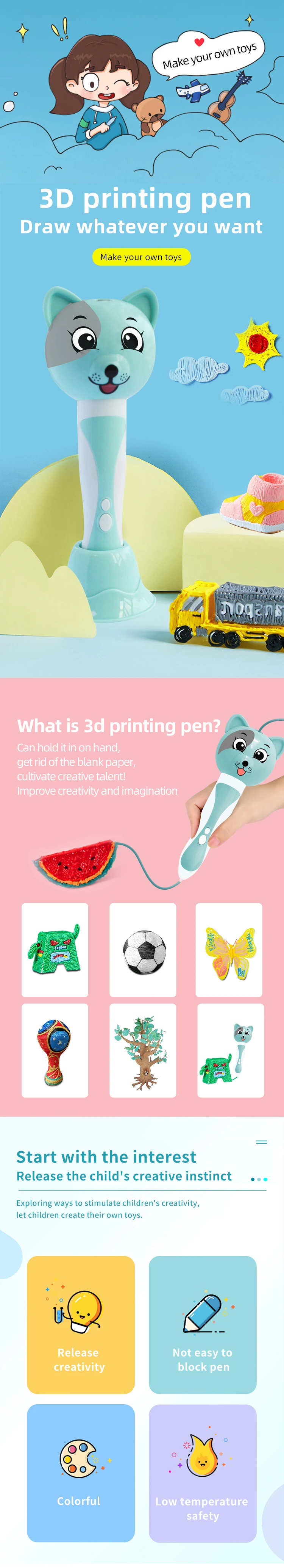 3D Kids Toys Printing Pen Usb Kids Fancy Play 3D Pen Drawing Toys Wireless Low Temperature Kid Diy 3D Pen