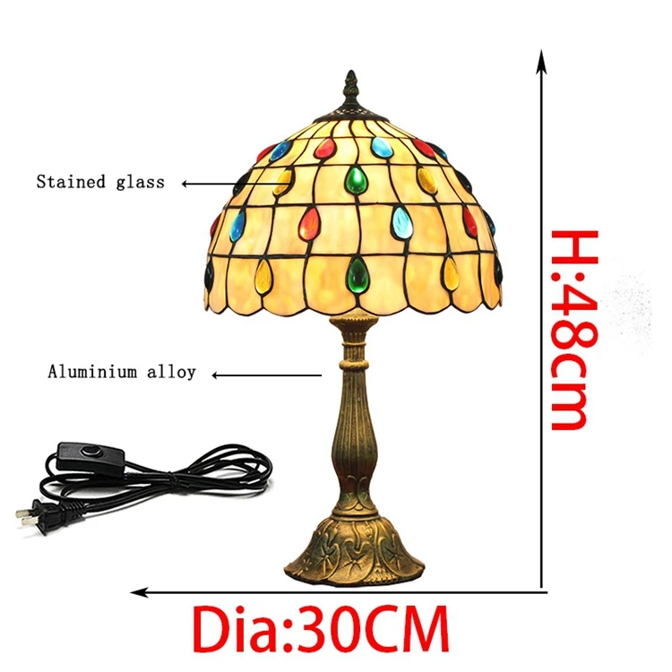 12 inches European simple colored bead Tiffany glass lamp Bedroom bedside lamp DIA30CM Alloy base LED tifany desk lamp