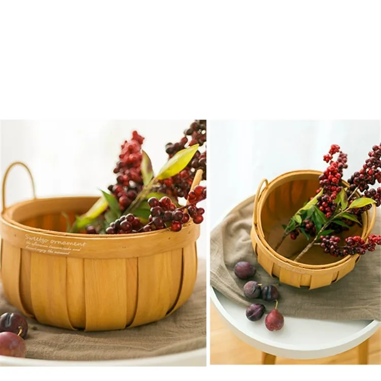 Round Wooden Bushel Basket Hanging Wood Chip Hamper Gift Packing Basket