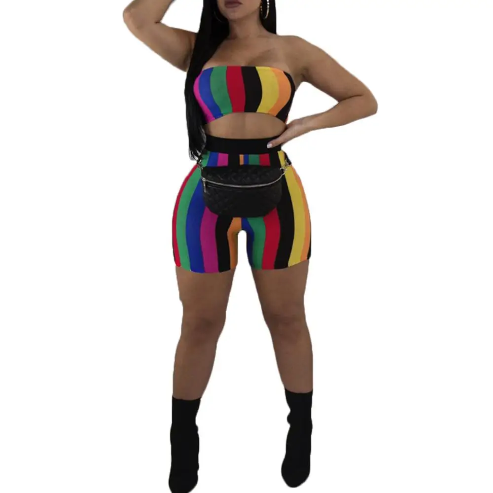 Two Piece Stripes Shorts Bodycon Rompers Women Jumpsuits