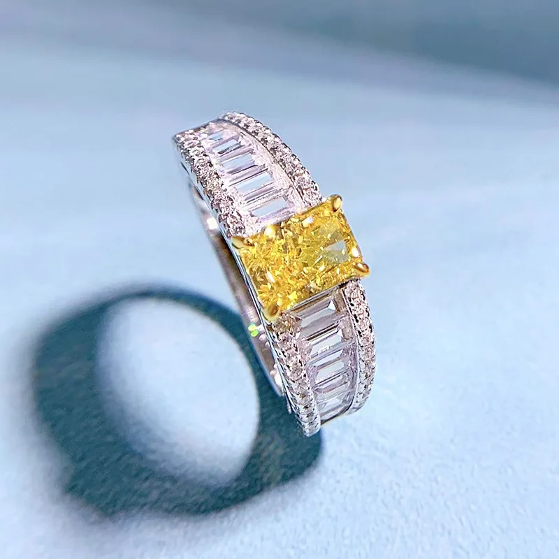 2025 Collection High Carbon 925 Silver Yellow Diamond Ring Radiant Cut 5*7mm Lab Diamond Style Best Seller Rhodium Plated