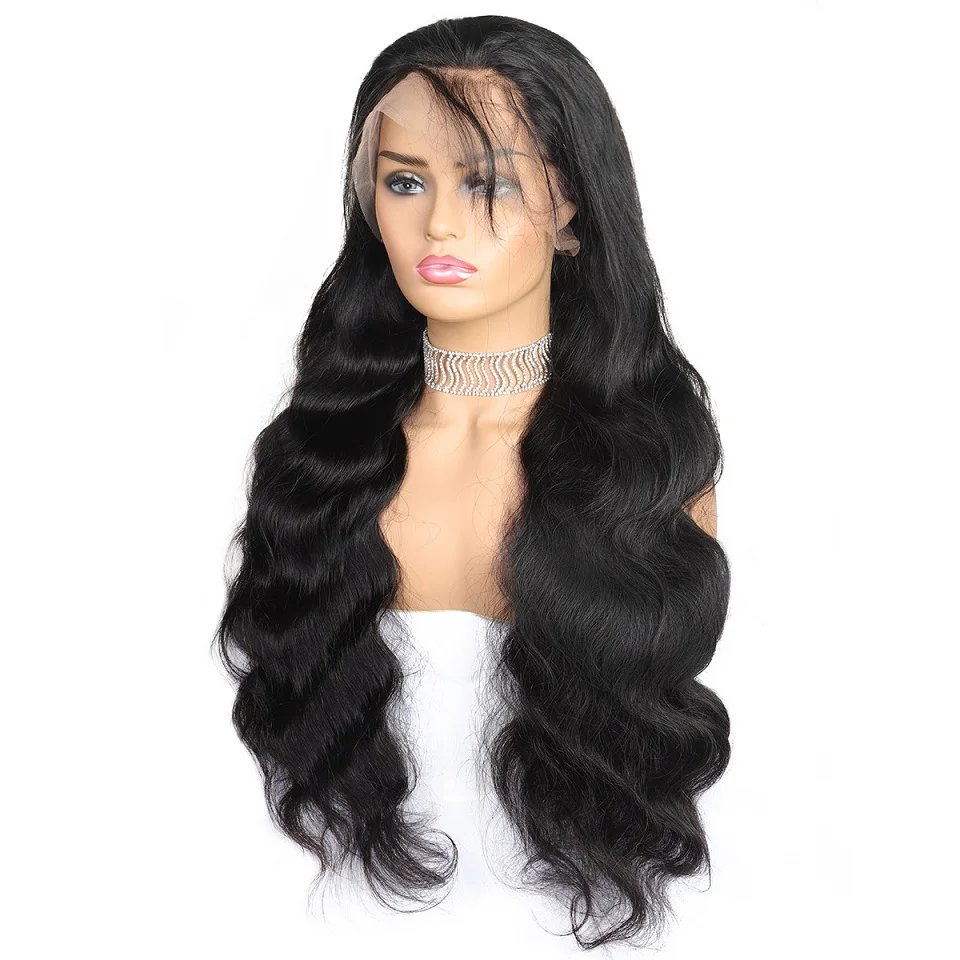 Body Wave Long Black Hair Semi Human Hair Wigs Lacefront Wigs Human ...