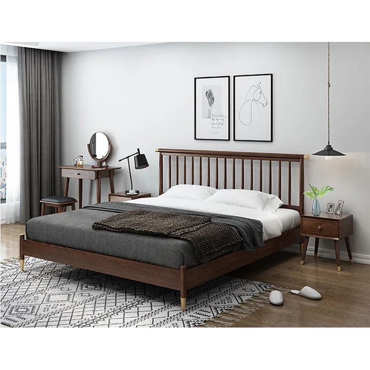 product-Morden OEM supported simple design double single bed gold wooden walnut color bed with bed f-1