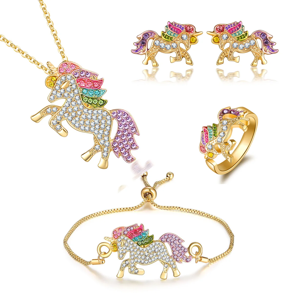 Fashion Unicorn Jewelry Set Gold Tone Crystal Charm Necklace Bracelet