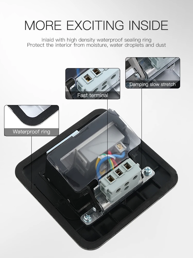 British standard stainless steel black power 13A damping pop-up floor socket box