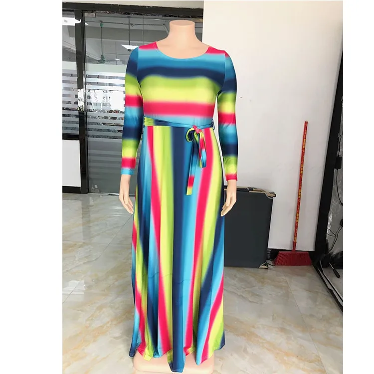 K2223 2021 Autumn Long Sleeve Round Neck Tie Dye Striped Print Pocket Belt Women Large Size Dress