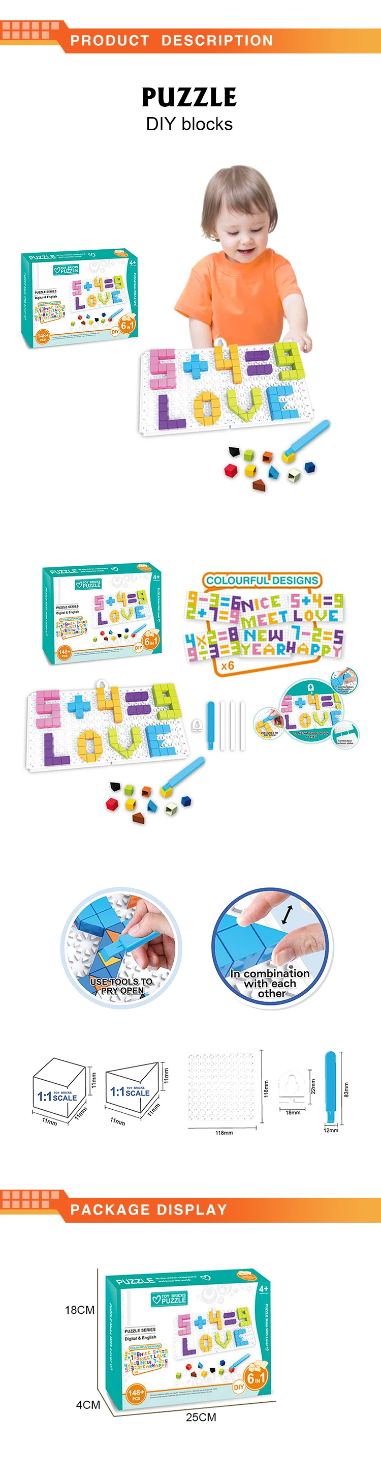 Wholesale kid educational cheap toys brain puzzle assemble diy 6 in 1 number alphabet  blocks puzzle
