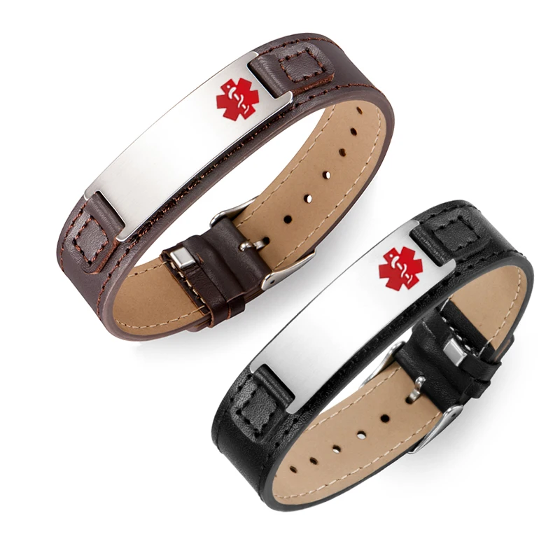 Elegant Stainless Steel Genuine Leather Medical Alert Id Bracelet For