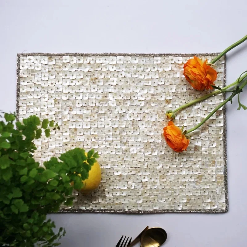 Ecofriendly Stocked Wholesale Placemats Table Mat Mother Of Pearl Shell Placemats With Beads