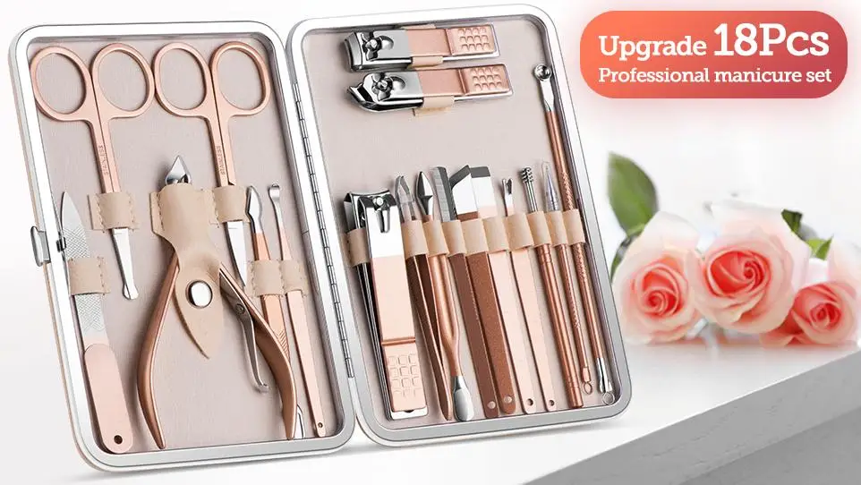 Fashion Rose Gold Manicure Set,Professional Nail Salon18 Pcs Personal