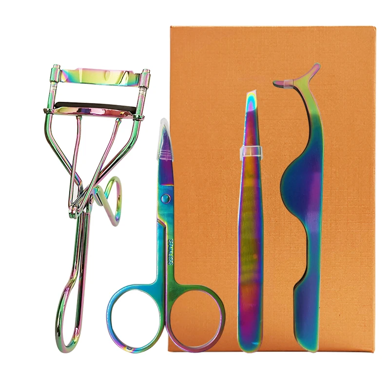 Kit de herramientas de maquillaje de oro rosa holográfico de Etiqueta Privada, rizador de pestañas, pinzas y tijeras, juego de herramientas de pestañas 4 en 1