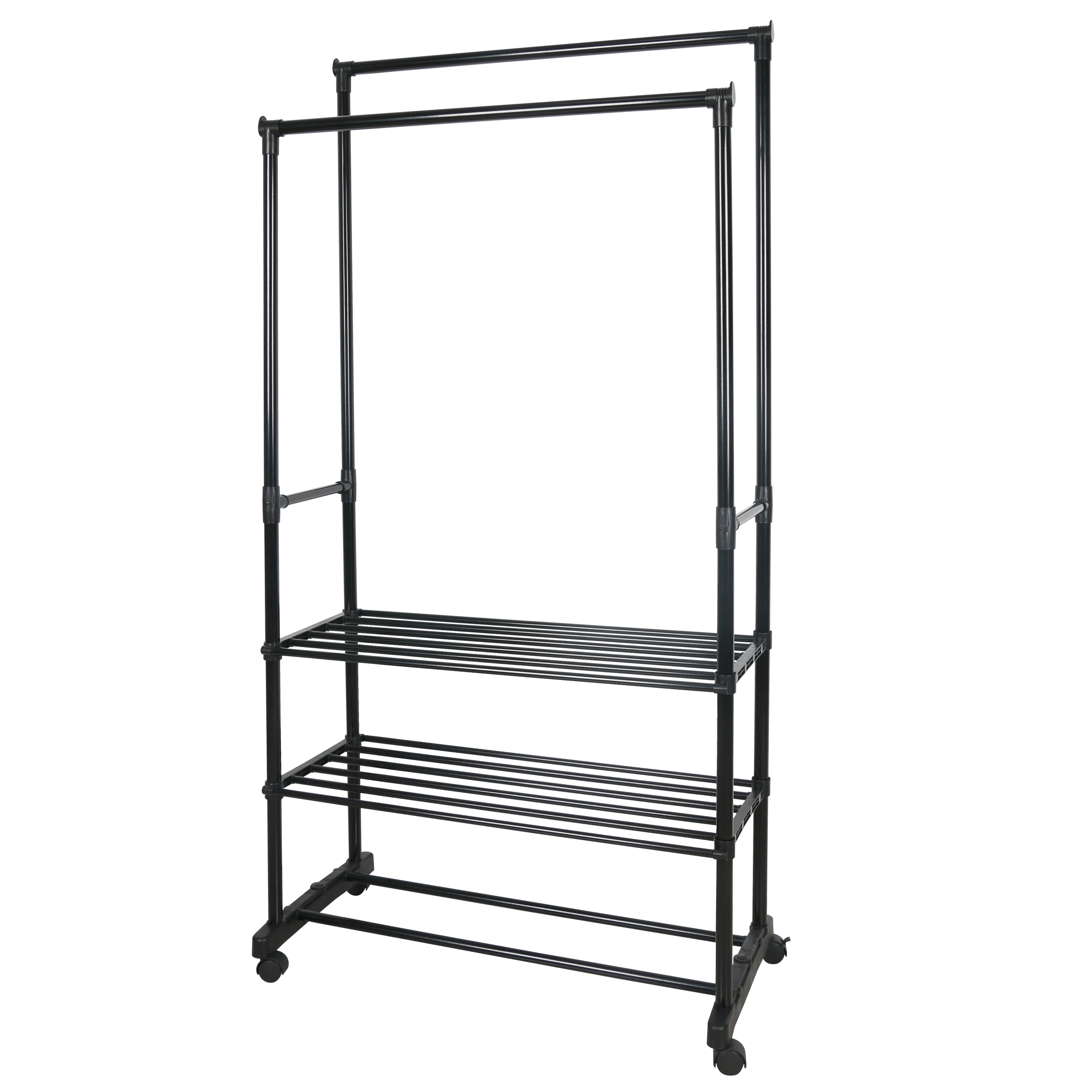 Multifunctional Clothes Hanging Rack With Wheels Double Rod Strong