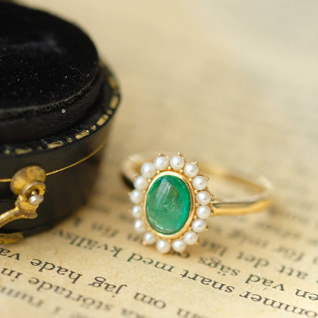 
Vintage Oval Emerald Ring Fresh Water Pearl Halo Ring In 14K Yellow Gold 