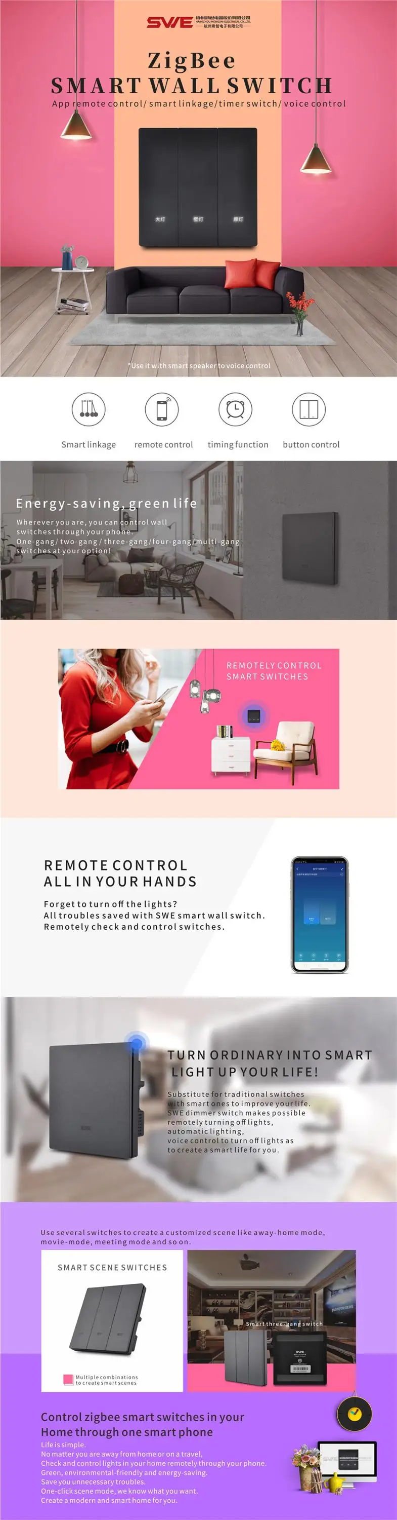 1 Gang 10A 250V Zigbee Smart Wall Switch Remote Control by Tuya Smart Life APP - ANKUX.COM