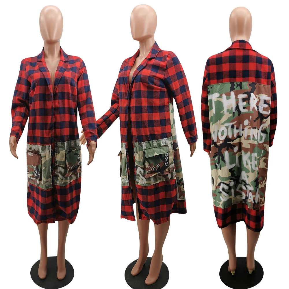 Women Long Coat Plaid Grid Printed Winter Autumn Fall Cardigan Long Letters Camo Print Floral Maxi Jacket for Ladies