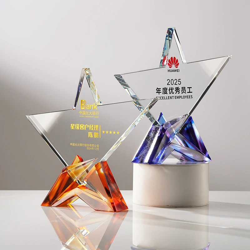 High-Grade Blue Star Crystal LiuLi Award Trophy UV Printed Souvenir Business Gift for Insurance Trade Show Giveaways-Wholesale factory