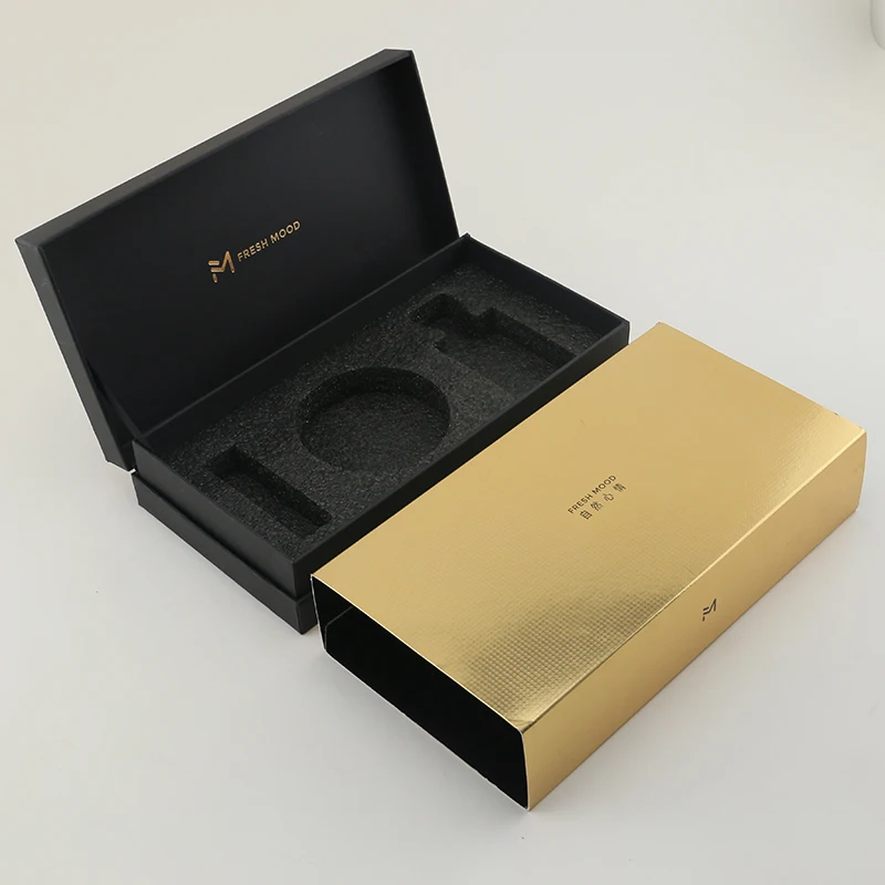 高级时装定制标志金色烫金纸板黑色珍珠泡沫衬里化妆品包装黑色礼品盒