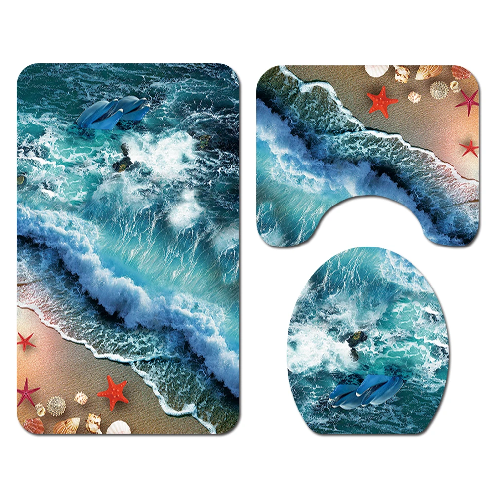 Ocean printed Toilet Pad Cover Bath Mat Shower Curtain Set for Bathroom Decoration Home Textile