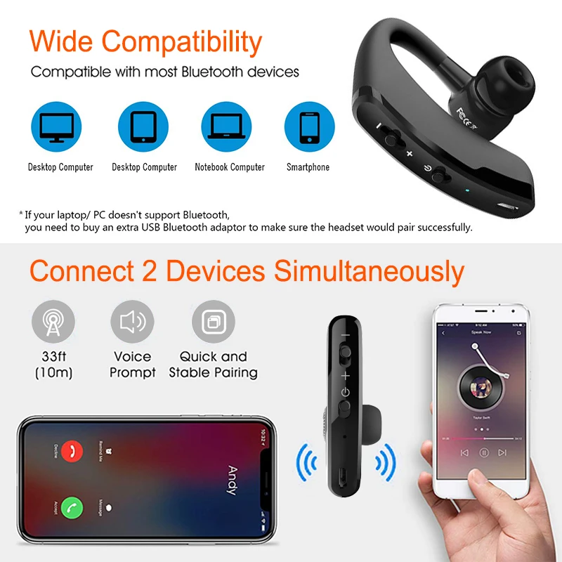New Wireless Headphone V9 Bluetooths 4.1 headset Business Voice Control Ture Stereo Earhook Earphone with mic Handsfree - ANKUX.COM