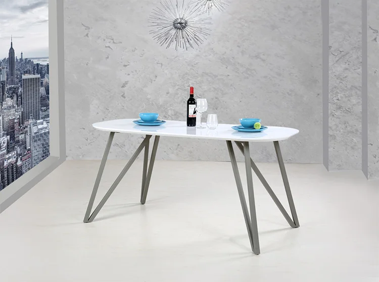 Modern mdf furniture white high gloss extendable expandable adjusted luxury wooden dining table with metal stand\t