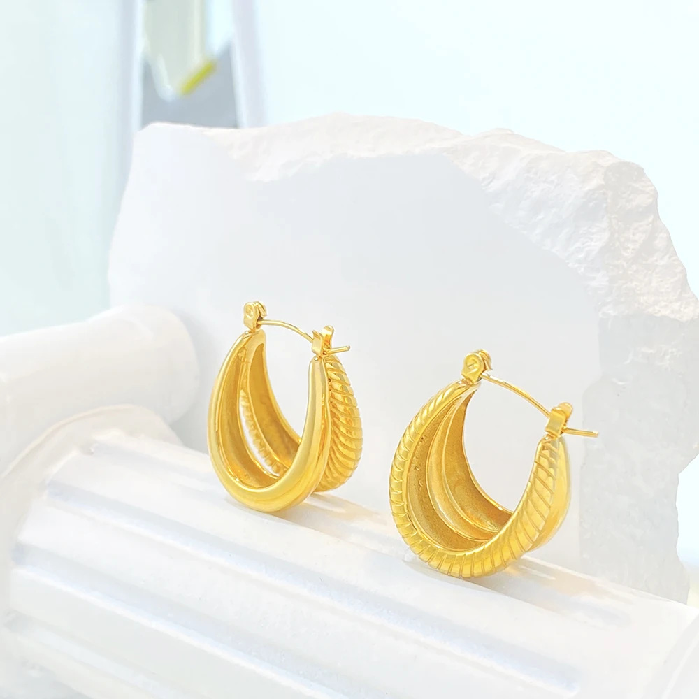 New Gold Huggie Hoop Earrings Double Stripe Panel Stainless Steel 18k ...