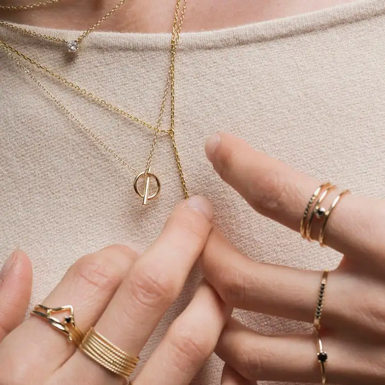 Geometry Jewelry Dainty Necklace, Minimalist Gold Plated Circle Bar Necklace , Pendant Delicate Necklace