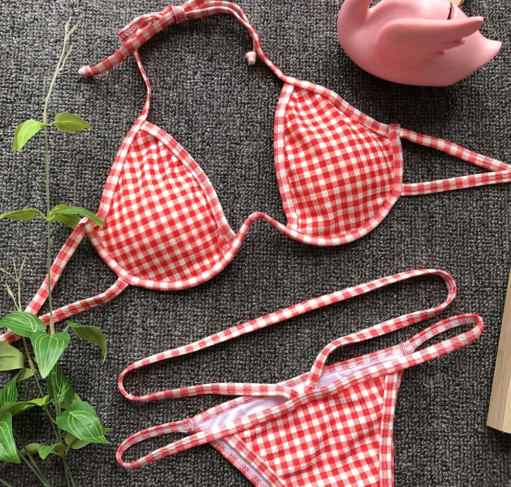 Wholesale Gingham Pringed Underwire Push Up Bra Bikini Extreme Micro