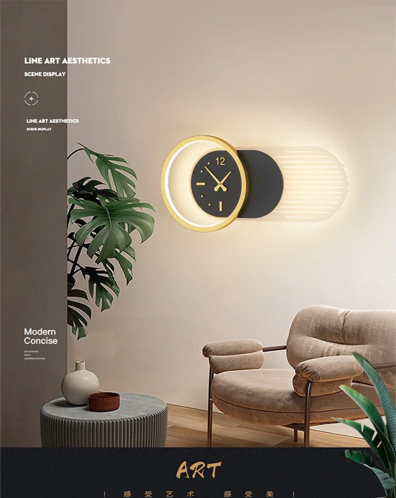 product design model clock bedroom bedside wall lamp living room backdrop led wall light match black and gold iron 220v 90 modern round-0