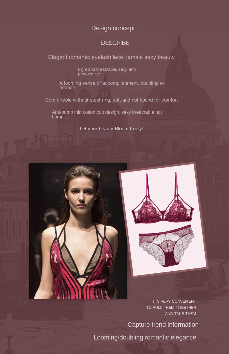 New Sexy French Style Lace Underwear for Women Thin Triangle Cup Push-up Bra Set with Bikini Panties Floral Pattern