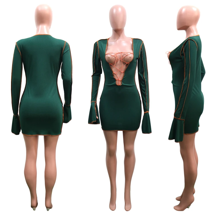 High Quality Drawstring Hollow Out V Neck Sexy Ladies Women Bodycon Dresses Woman Casual Short Dress