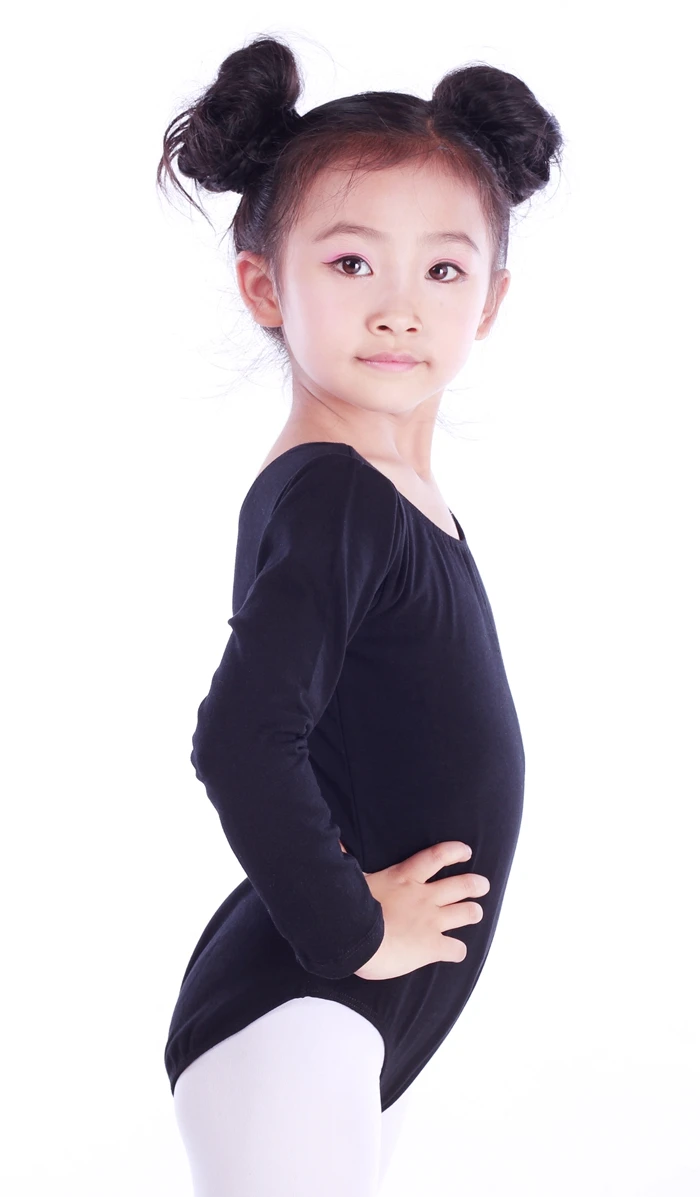 CL00154  Child Practice Pink front Pinched Long Sleeved Cotton Lycra ballet leotard for girls