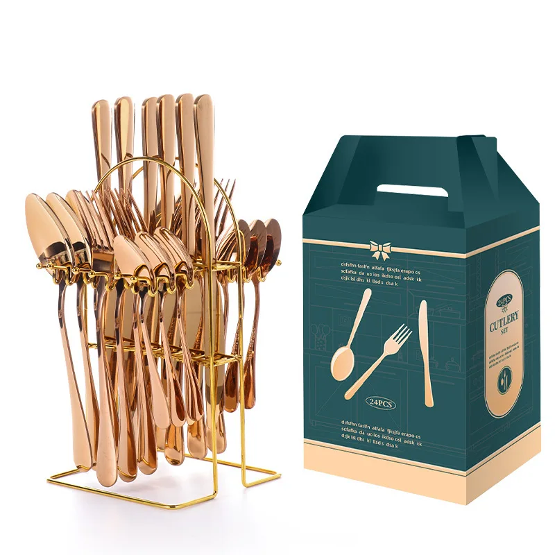 24pcs Heavy Duty Durable Stainless Steel Modern Golden Mirror Polished Steak Knife Fork Spoon Cutlery Set Stand Dishwasher Safe