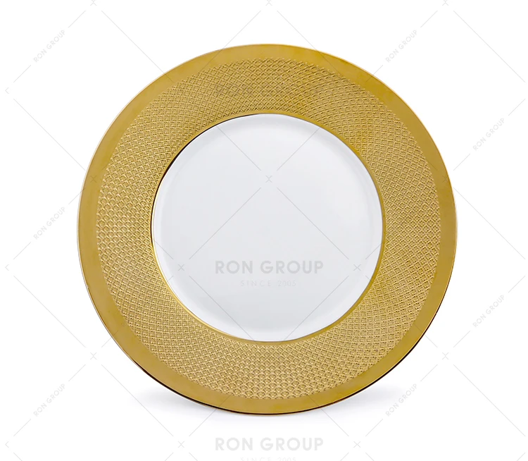 Hot Sale Wedding Dishware Decoration Sublimation Round Dinner Gold Rim Plated Serving Flat Underplate Bone China Ceramic Plates