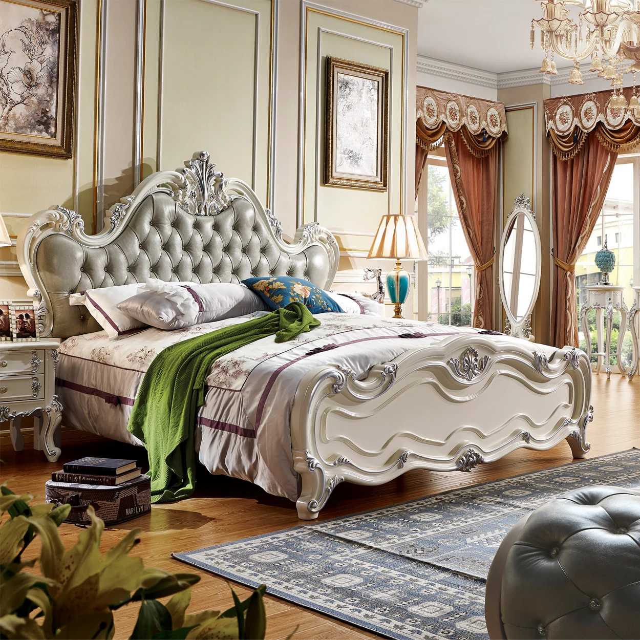 皇家设计古典风格家庭卧室家具设置新房高脚板床