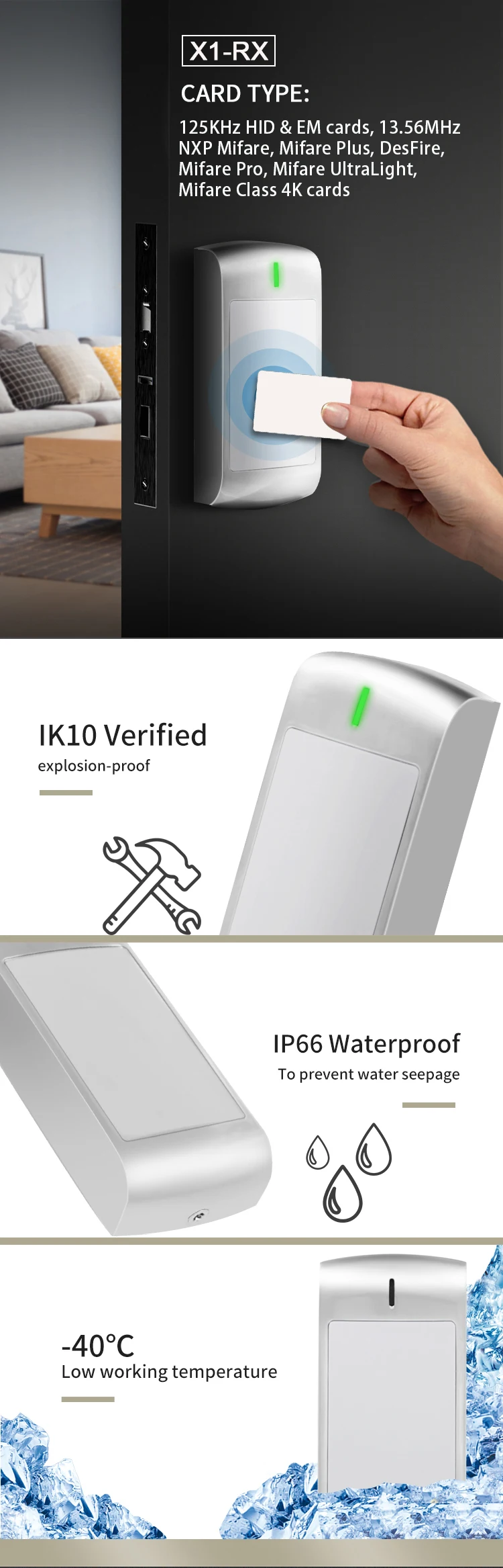 IK10 Anti Collision 125KHz & 13.56MHz Waterproof RFID Card Access Control Wiegand Reader