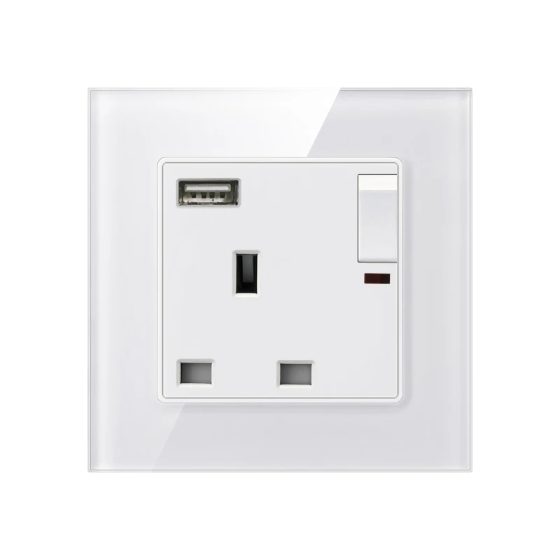 Tempered Glass Panel wall socket 13A square angle UK/EU Standard three-hole with 1 gang switch and USB LED Electric socket