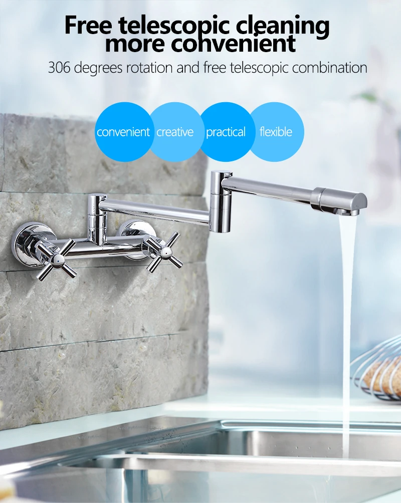 European German Brass 2 hose H62 Hot and Cold Mixer Chrome Kitchen Tap Mixer Dual Handle Pull-down Kitchen Faucet