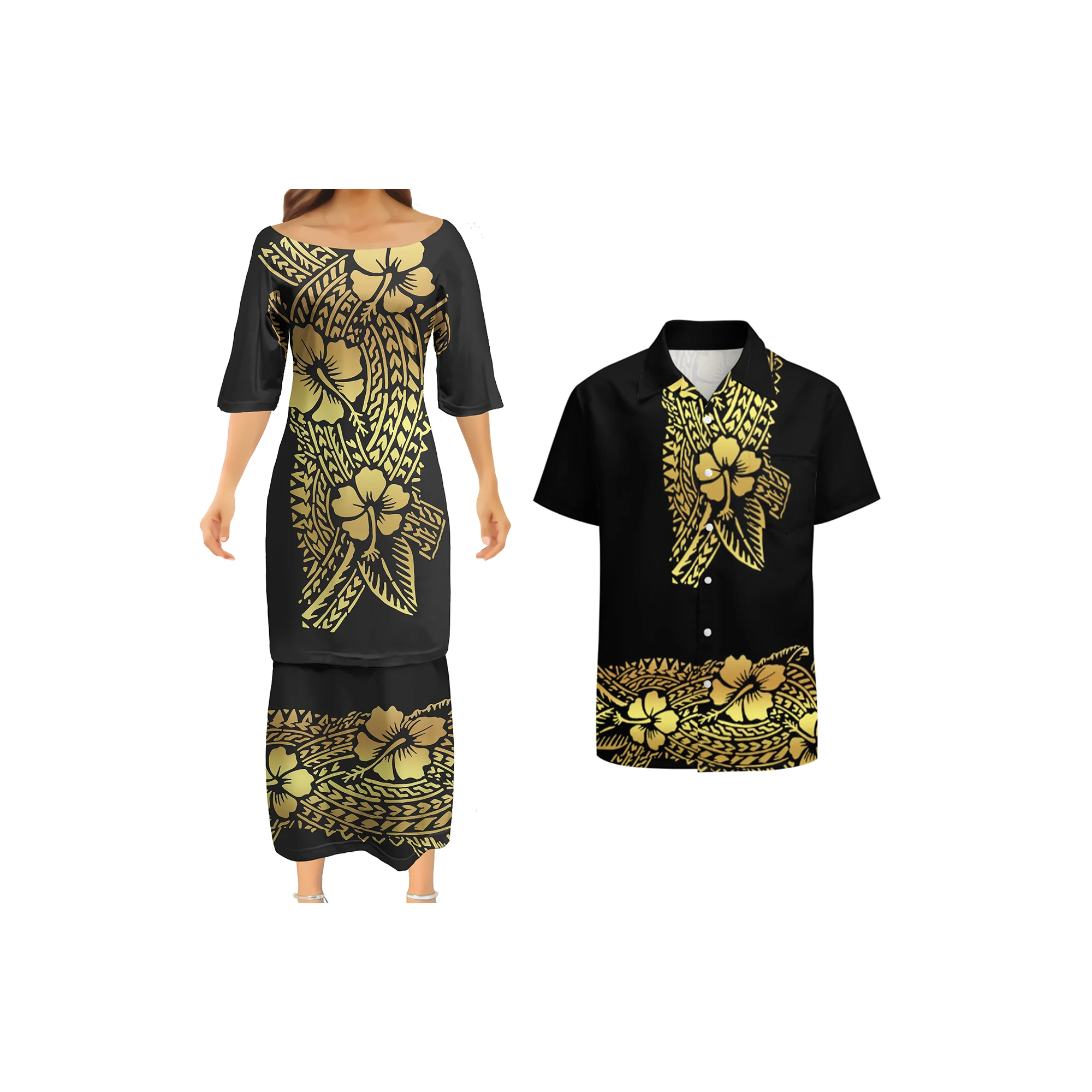 HYCOOL Polynesian Samoan Puletasi Style Long Gold Dress Mermaid Dresses ...