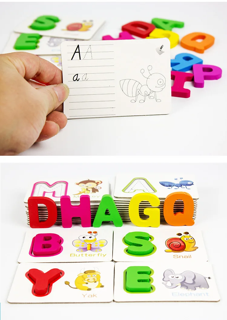 Kids English Letter learning Card 26 Alphabets Flash Cards with Animal Pictures Puzzles and Games Preschool Gift Toy ABC cards