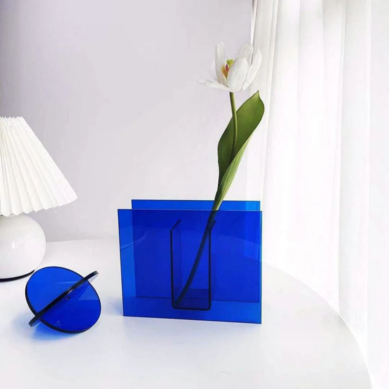 Acrylic Flower Box Vase Clear Blue Tabletop Decorative Art Vase ...