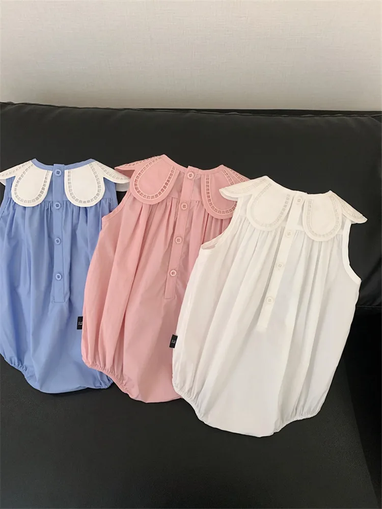 婴儿皱褶装饰女装夏季婴儿女孩复古smocking连体衣蹒跚学步棉无袖连身