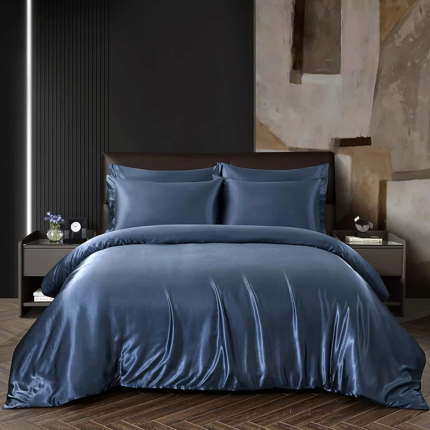 Navy Blue King Size Satin Duvet Cover Set 5-Piece Bedding Includes 1 Duvet Cover and 4 Pillowcases details