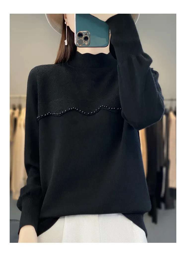Winter New Vintage Half-Turtleneck Lace Base Shirt Women Fashion Pullover Sweater Anti-Pilling Korean Style Knitted Top