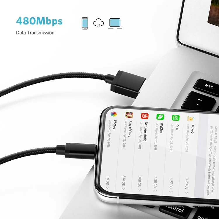 Original USB A 2.0 to 8Pin Data Cable with Nylon Braid 2.4A Fast Charging Cable for Iphone - ANKUX.COM