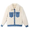 OEM New Fashion Sheepskin Woolen and Denim Blended Low Quantity MOQ Metal Buttons Closure Young Women Winter Jacket