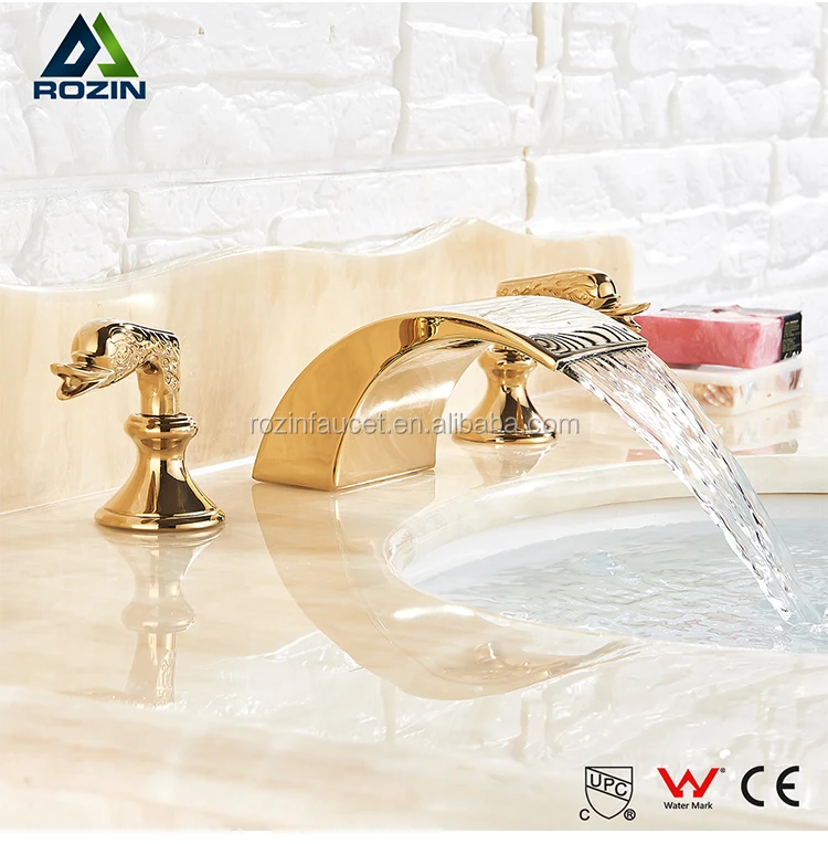 3PCS Gold Bathroom Faucet Waterfall Spout Mixer Double Handles Brass Basin Tap 