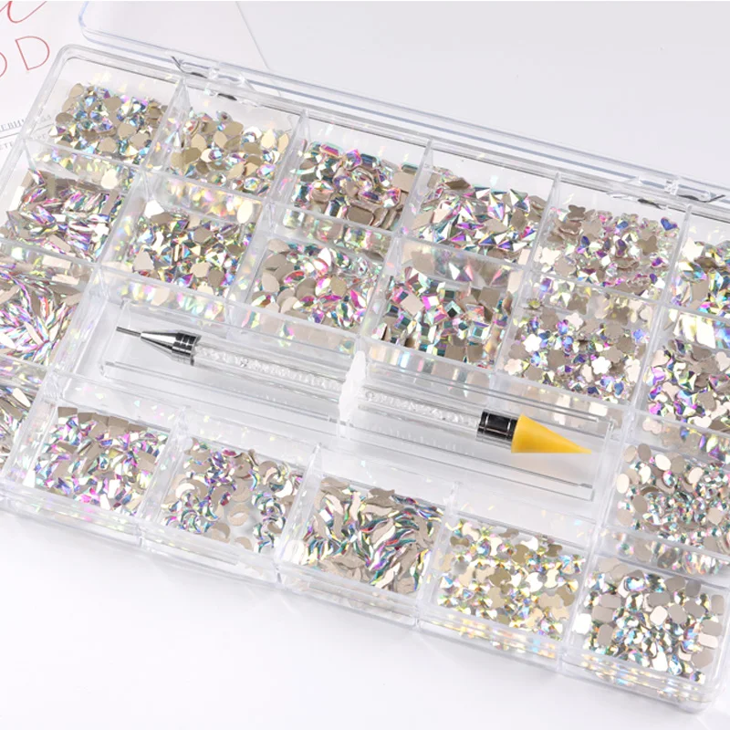 

TSZS 2021 nail art Mix Shape Glass Crystal AB Stone Flatback Rainbow Rhinestone Decoration Set With Pick Up Brush Tools, As picture