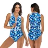 Blue and white solid Mosaic geometry zipper monokini Passion beach temperament women sleeveless one-piece swimsuit bikini