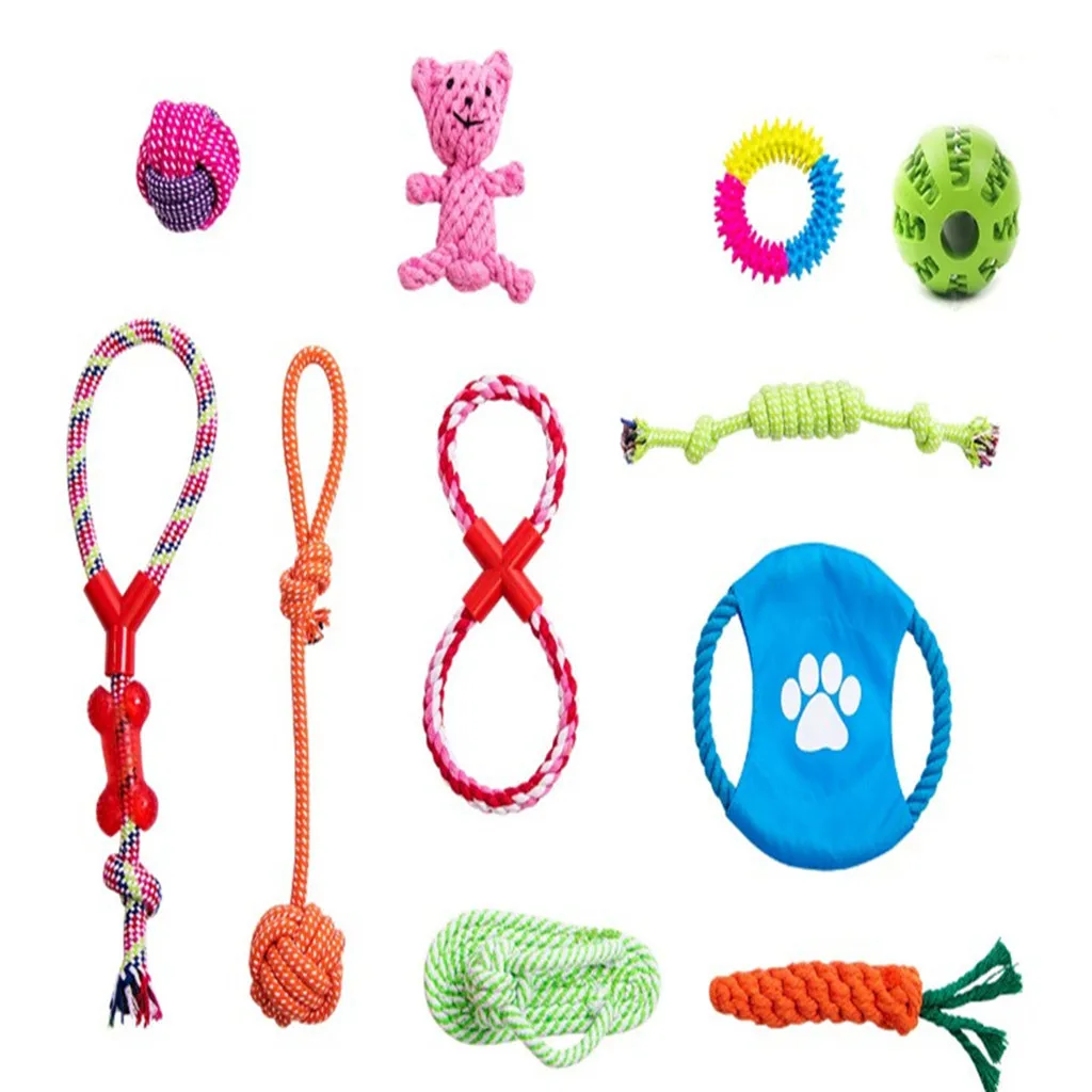 Custom Pet Dog Squeaky Toy 10 Pack Set Ball Rubber Cotton Rope Chew Dog