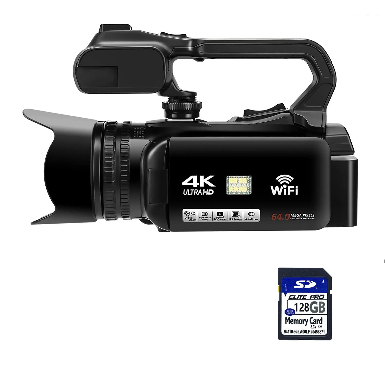 4K Video Camera with WiFi, 1080P HD, Autofocus, Anti-Shake, 128GB